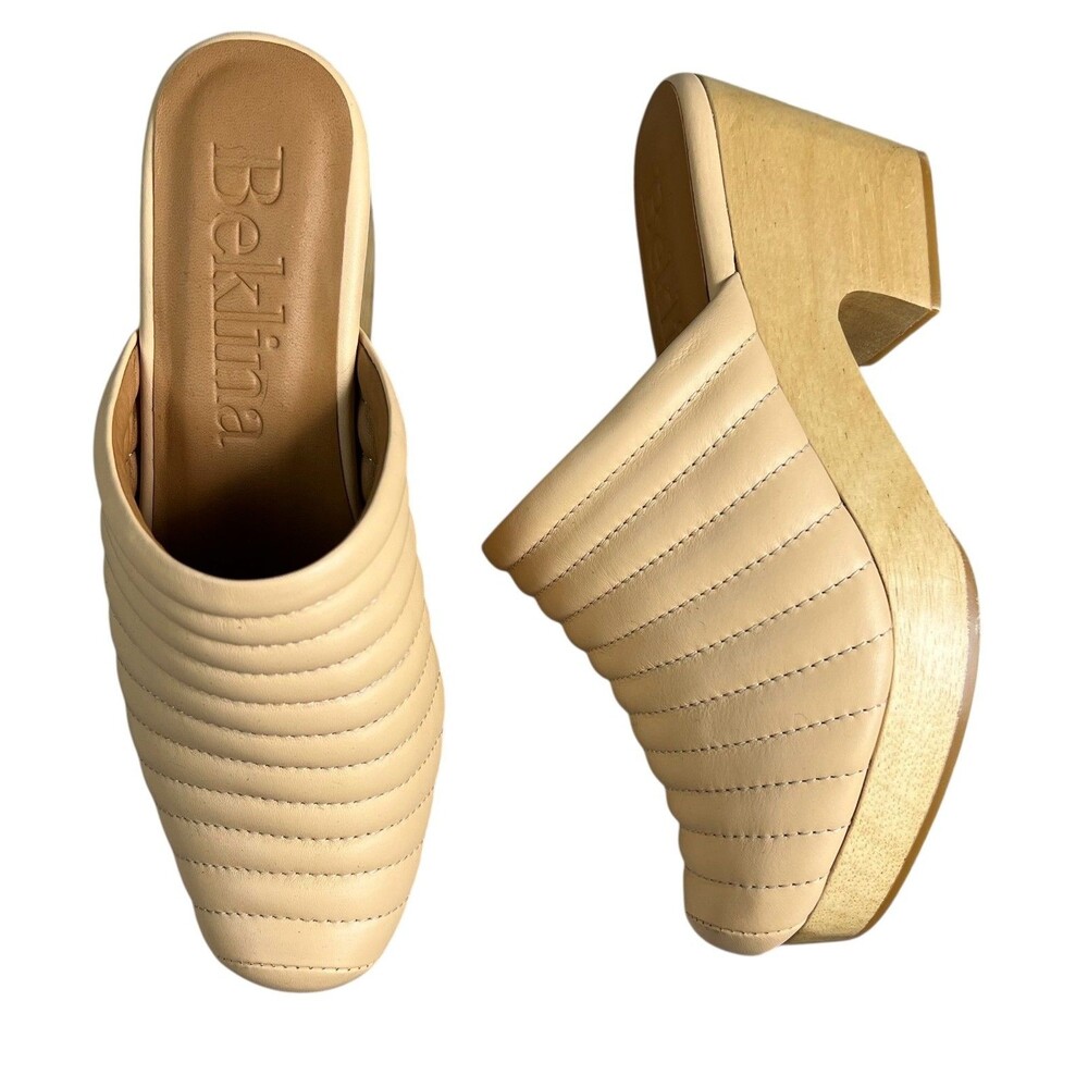 Beklina Ribbed Buff Leather Platform Clog Mule w Wood Heels  Size 6.5